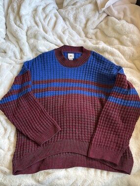 BDG Blue and Burgundy Striped Waffle Knit Crewneck Sweater